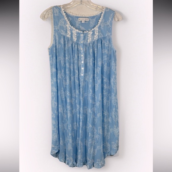 EILEEN WEST Small Nightgown sleep Dress White Blue Floral Eyelet Knit Stretch - Picture 1 of 12